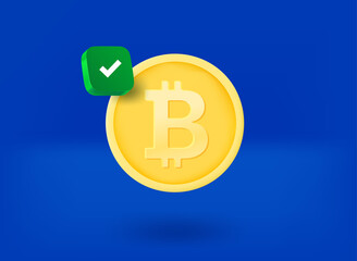 Aufkleber - Bitcoin coin with checkmark pictogram. 3d vector illustration