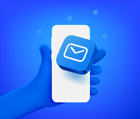 Poster - Cute comic hand with smartphone with mailing app. 3d vector illustration