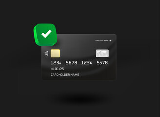 Aufkleber - Black premium plastic bank card with checkmark icon. 3d vector illustration