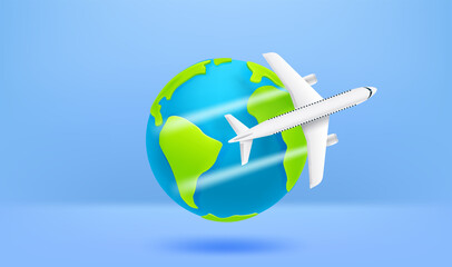 Wall Mural - Travel concept with the Earth and airplane. Vector 3d illustration