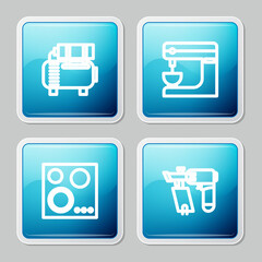 Poster - Set line Air compressor, Electric mixer, Gas stove and Nail gun icon. Vector