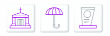Set Line Grave With Tombstone, Old Crypt And Umbrella Icon. Vector