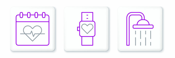 Poster - Set line Shower head, Heart rate and Smart watch icon. Vector