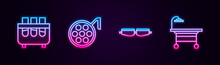 Set Line Test Tube And Flask, Surgery Lamp, Safety Goggle Glasses And Operating Table. Glowing Neon Icon. Vector