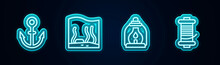 Set Line Anchor, Aquarium, Camping Lantern And Spinning Reel For Fishing. Glowing Neon Icon. Vector
