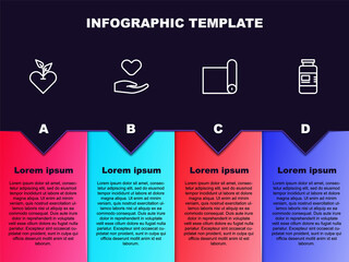 Sticker - Set line Heart, in hand, Fitness mat roll and Collagen serum. Business infographic template. Vector