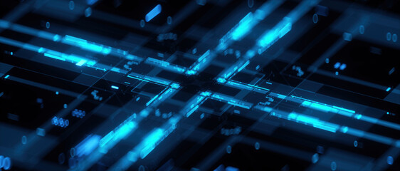 3D rendering of cyberpunk AI. Circuit board. Technology background. Central Computer Processors CPU and GPU concept. Motherboard digital chip. Tech science background.