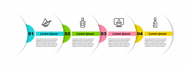 Sticker - Set line Hot chili pepper pod, Tequila bottle, Mexican sombrero and Tabasco sauce. Business infographic template. Vector