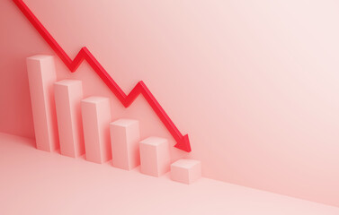 Wall Mural - Red arrow pointing down with declining bar graph on pink background