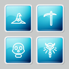 Poster - Set line Witch hat, Pickaxe, Skull and Magic staff icon. Vector