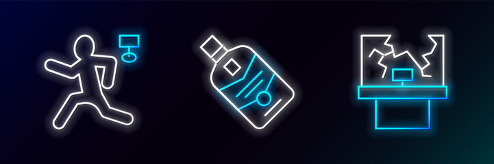 Sticker - Set line Broken window, Murder and Whiskey bottle icon. Glowing neon. Vector