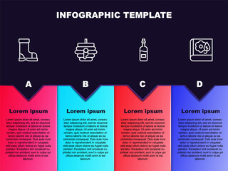 Wall Mural - Set line Waterproof rubber boot, Hive for bees, Bottle wine and Herbarium. Business infographic template. Vector