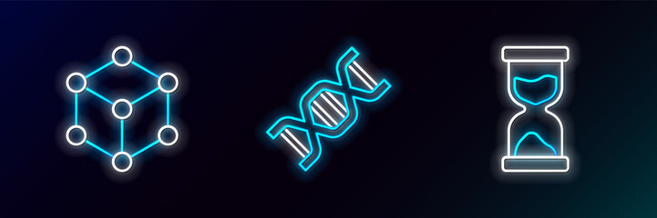 Poster - Set line Old hourglass, Molecule and DNA symbol icon. Glowing neon. Vector