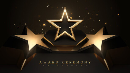 award ceremony background with podium and 3d gold star element and glitter light effect decoration.