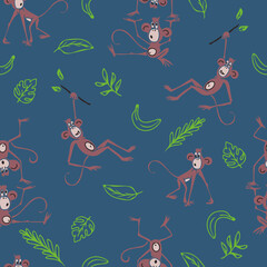 Wall Mural - Seamless vector pattern with fun monkeys on blue background. Simple cheeky animal wallpaper design. Decorative cartoon zoo fashion textile.