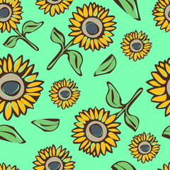 Wall Mural - Seamless vector pattern with hand drawn sunflowers on blue background. Bohemian floral wallpaper design. Decorative summer flower fashion textile.