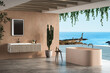 Modern bathroom with old beige walls, concrete floor and comfortable basin with black faucet, square mirror hanging on wall, plants, bathtub, pool and sea view. 3d rendering
