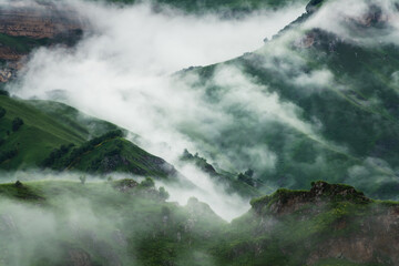 Wall Mural - Morning fog in the mountains at sunrise. Beautiful summer landscape. Gil-Su valley in North Caucasus, Russia.