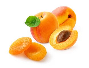 Wall Mural - Two dried apricots with fresh apricots isolated on white background. Apricots fruits isolated.