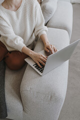 Person, businesswoman using laptop computer. Shopping online, branding online store, sending message, make video call, sending email, writing text, work. Blank copy space mockup screen template