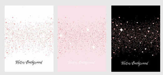 Wall Mural - Sparkling falling pink gold dust with hearts. Set of vector backgrounds with glitter and space for text