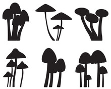 Mushrooms Silhouette Set On White Background, Isolated, Vector