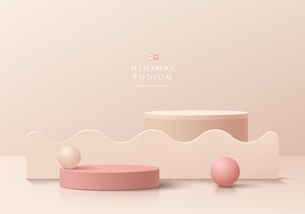 Abstract cream 3D room with set of realistic pink and beige cylinder pedestal podium. Geometric forms element. Minimal scene for product display presentation.  Round stage for showcase. Vector EPS10.