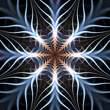 Abstract Blue, White, And Burnt Sienna Symmetrical Flame Fractal Flower With Eight Petals.