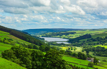 Gouthwaite Reservoir In Nidderdale, An Area Of Outstanding Natural Beauty In Summertime With Lush Green Fields, Forests And Livestock.  Yorkshire Dales, UK.  Copy Space.