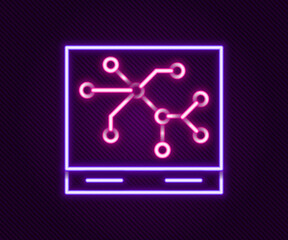 Poster - Glowing neon line Railway map icon isolated on black background. Colorful outline concept. Vector