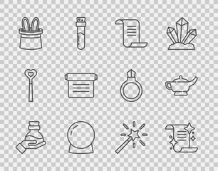 Poster - Set line Bottle with potion, Ancient magic book, Magic ball, Magician hat and rabbit ears, wand and lamp or Aladdin icon. Vector