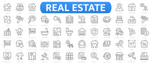 Real Estate Icons Set. Set Of 55 Real Estate Outline Icons Collection. Rent, Building, Agent, House, Auction, Realtor, Property, Mortgage, Home And More.