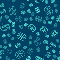 Sticker - Green line Blade razor icon isolated seamless pattern on blue background. Vector