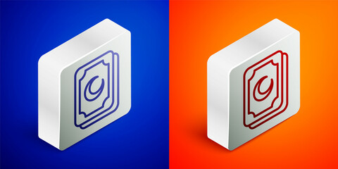 Poster - Isometric line Tarot cards icon isolated on blue and orange background. Magic occult set of tarot cards. Silver square button. Vector