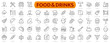 Food and drinks icon set. Seafood, pasta, soup, bread, egg, cake, sweets, fruits, vegetables, drinks, pizza, fish and more line icon.