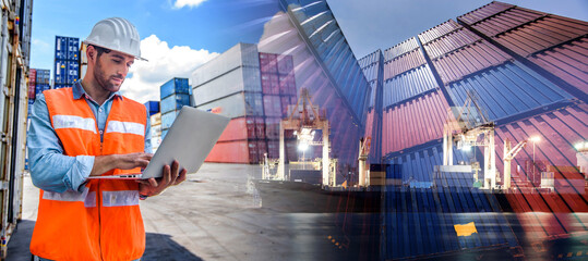 Confident man engineer wearing white safety helmet using computer laptop and check for control loading containers box from Cargo freight ship for import and export, transport