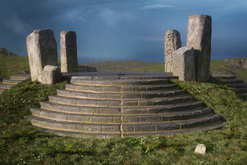 Aufkleber - Steps leading to fantasy stone circle temple in a remote highlands landscape with dark stormy clouds. 3D illustration.