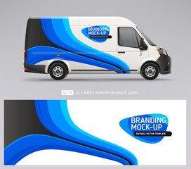 Side view Van mockup and wrap decal for livery branding design. Van with corporate identity company. Abstract graphics of blue stripes Wrap decal design for corporate Car. Business flyer design