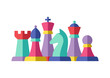 Chess. Group of chess pieces. Rook, bishop, king, knight, queen, pawn.
