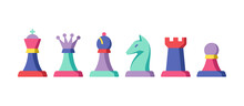 Chess Pieces Modern Bright Design. King, Queen, Bishop, Knight, Rook And Pawn.