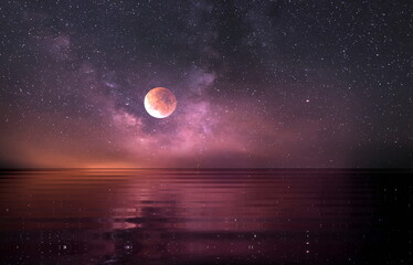 moon on lilac blue starry night at sea water wave reflection milky way