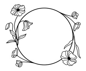 Wall Mural - Outline wildflowers round frame. Line art flowers wreath vector illustration