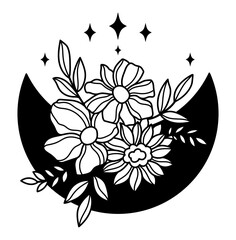 Wall Mural - Florals celestial moon. Flowers mystical boho moon vector illustration