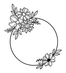 Wall Mural - Line art flowers bouquets round frame. Outline florals wreath vector illustration