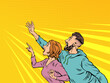 woman and man couple People point with their hand. Template advertising announcement news sale. Pop art style