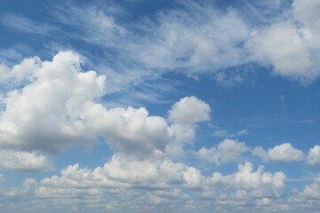 Wall Mural - Beautiful fluffy clouds in blue sky, natural background