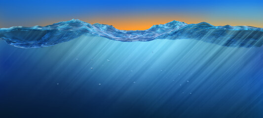 Wall Mural - Ocean Water Line with ripples and sunrays underwater