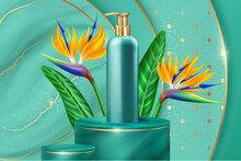3D Green Bottle With Gold Dispenser On Podium, Tropical Flowers And Leaf Vector Illustration. Exhibition With Realistic Plastic Package On Round Stage And Background With Marble Texture And Gold Veins