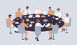 © Flash Vector - Business people sit around table in chairs to discuss ideas. Cartoon team of employees brainstorming on conference in office, politicians conversation flat vector illustration. Teamwork concept