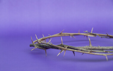 Wall Mural - Copy space for Christian prayer text or quote with crown of thorns on purple color background.